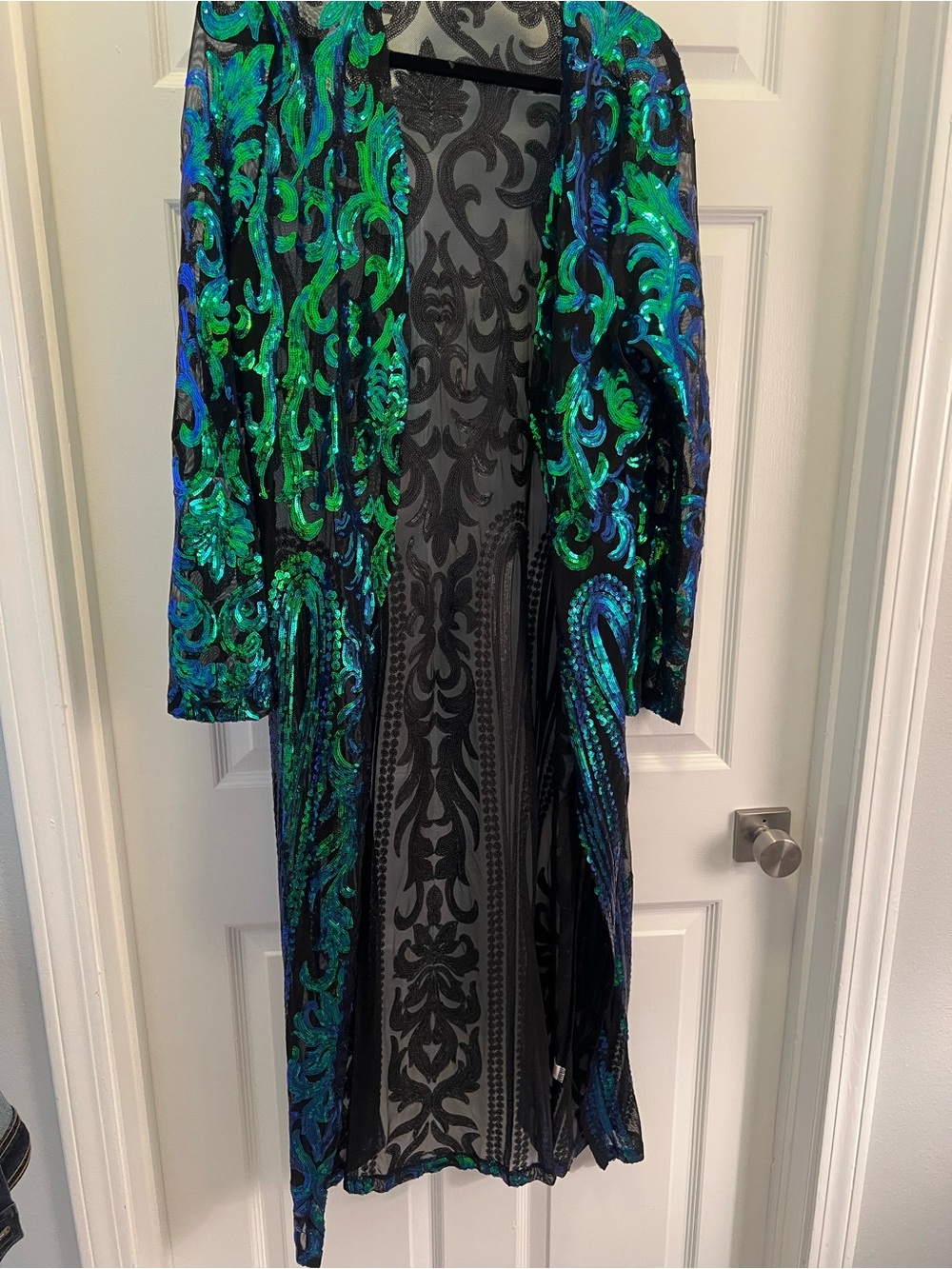 Black Sequin Duster Cape with Green and Blue Scrollwork